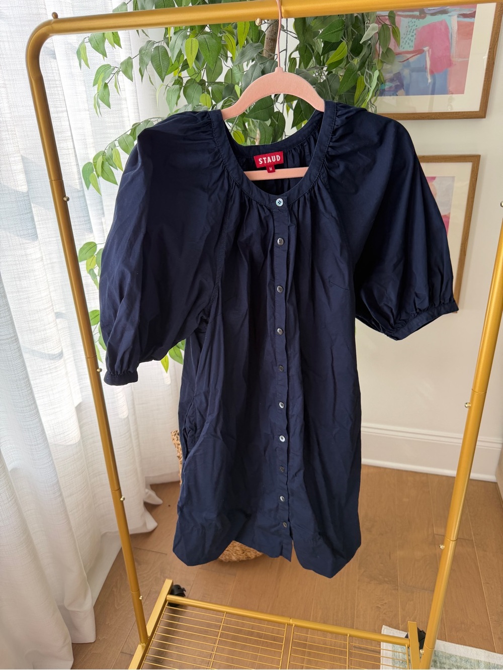 STAUD Navy Button-Front Puff Sleeve Blouse